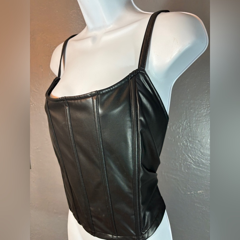 Women's Sexy PU Leather Spaghetti Strap Ribbed Corset Top